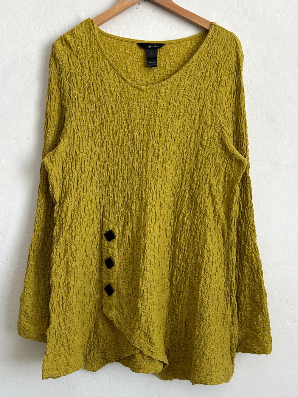 Ali Miles Tunic Top XL Crinkle A-Line Swingy Bell Sleeves Artsy Mustard Yellow